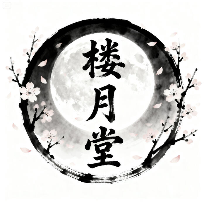 楼月堂ロゴ、月と桜 楼月堂 - 言葉で心を癒す詩と幻想音楽の公式ロゴ。癒しの詩と音楽のサイト